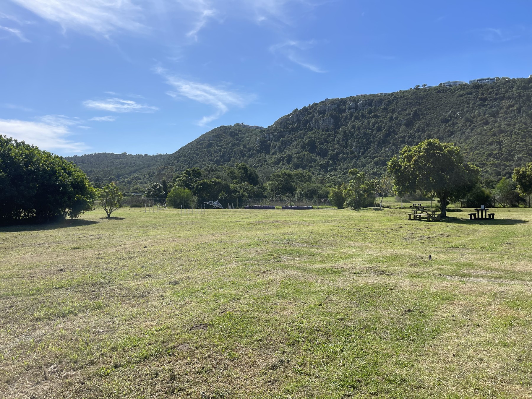 The Playground: a large grassy enclosure with trees, picnic tables and green hills beyond